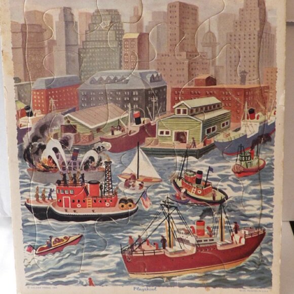 PLAYSKOOL 1950s Tray Puzzle 80-2C Printed in USA Boats Buildings Golden Press - Picture 1 of 4